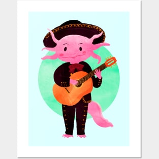 Axolotl with mariachi costume playing the guitar, Digital Art illustration Posters and Art